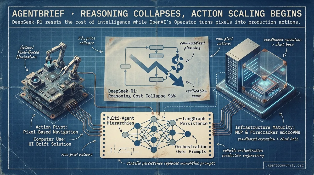 Reasoning Collapses, Action Scaling Begins